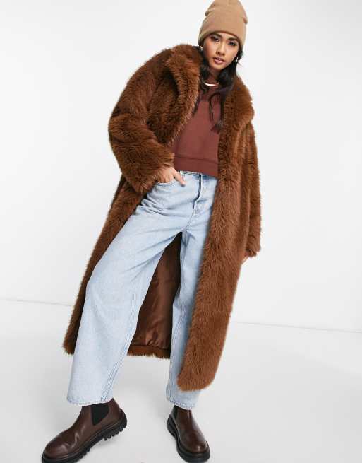 Topshop long faux fur coat in chocolate | ASOS