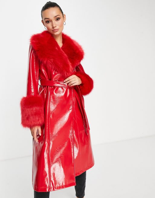 Topshop red faux fur dress Christmas cny festive, Women's Fashion