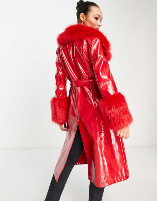 Topshop long faux leather coat with faux fur trim in red