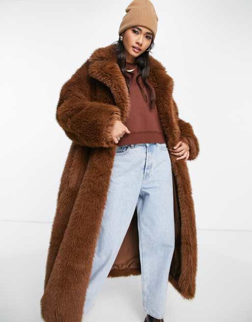 Topshop long fur coat in chocolate