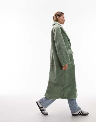 Topshop Long-line Borg Coat In Mint-green