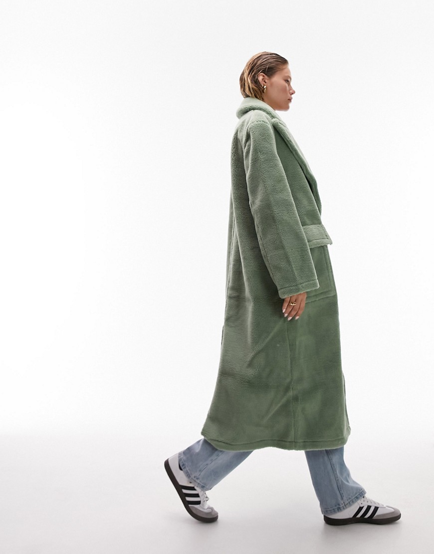 Topshop long-line borg coat in mint-Green