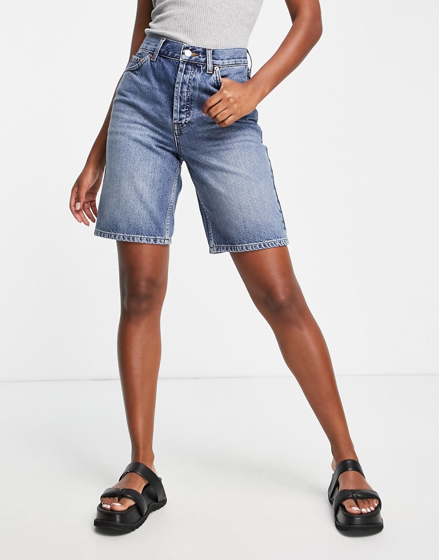 Topshop long line editor recycled cotton blend denim shorts in mid blue