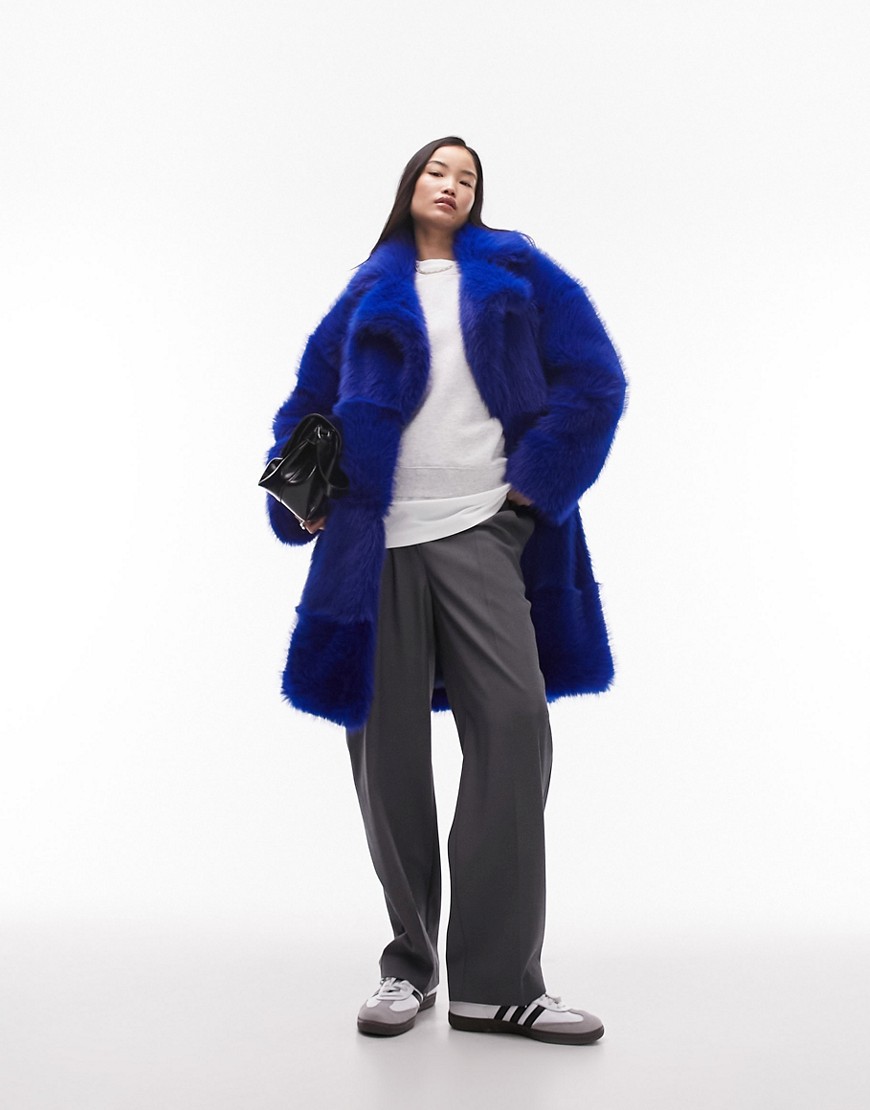 Topshop long-line faux fur coat in bright blue