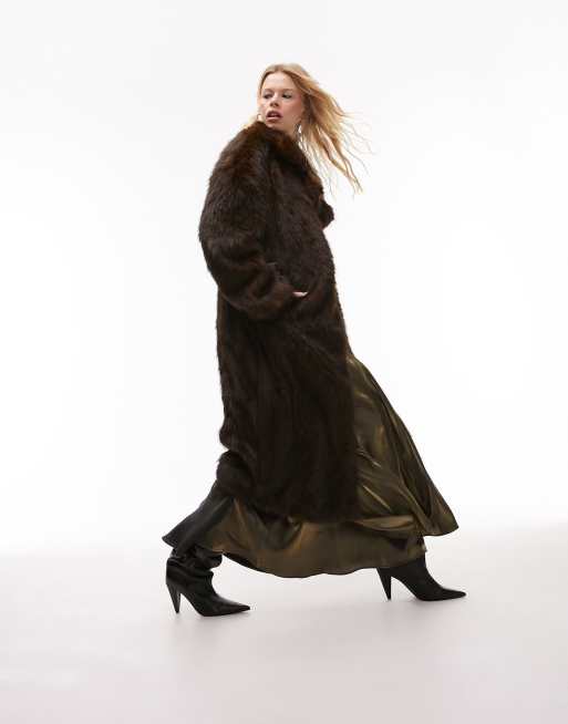 Topshop long line faux fur coat in deep brown ASOS