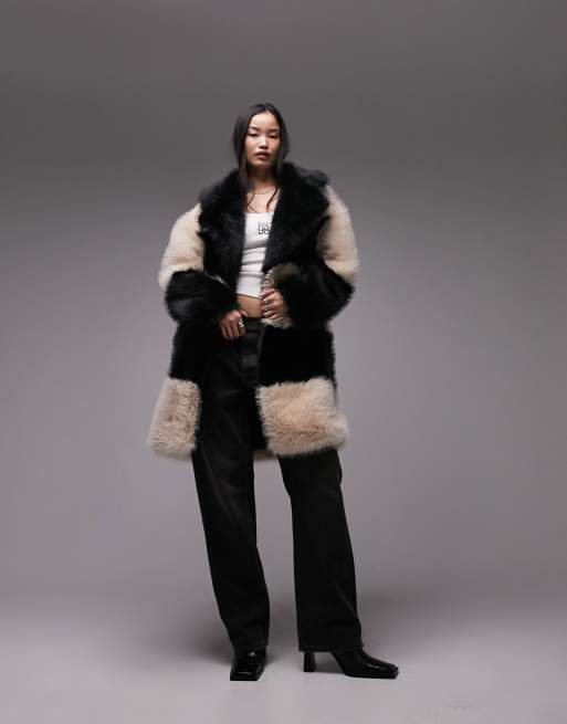 Topshop long-line faux fur coat in mono stripe