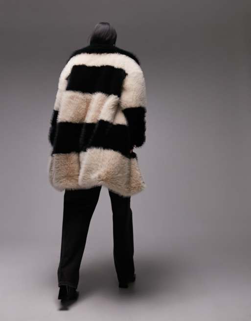 Topshop long-line faux fur coat in mono stripe