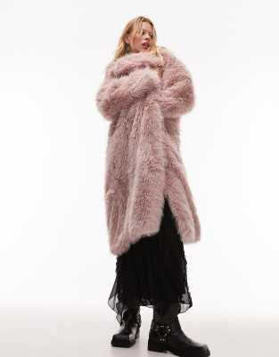 Topshop long-line faux fur coat in pink