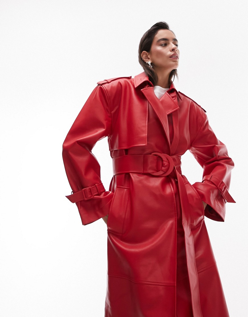 topshop long-line faux leather trench coat in red
