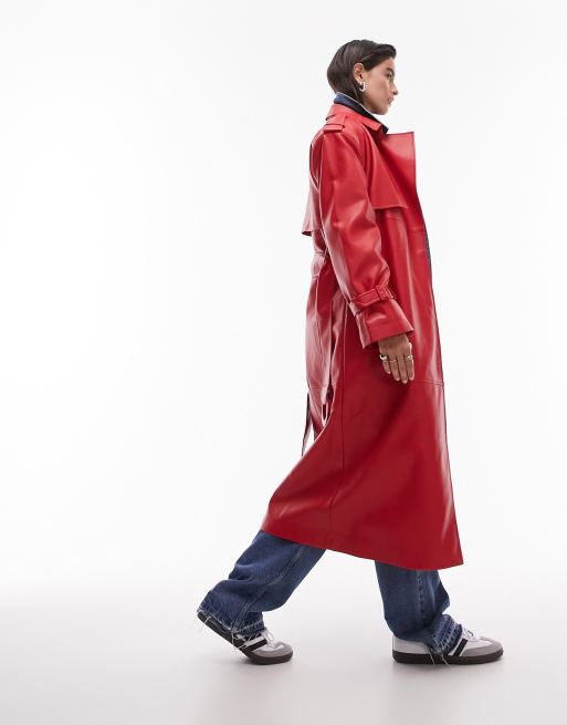 Red Faux Leather Trench Coat