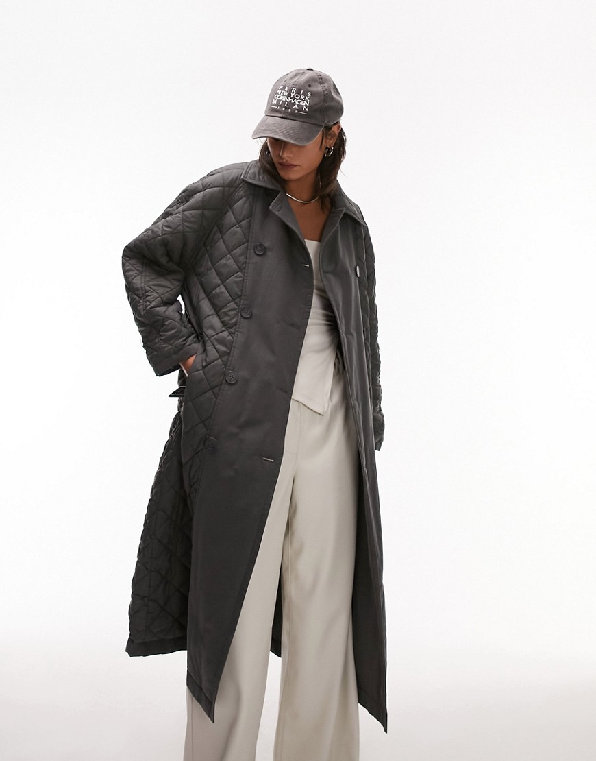 Topshop Long-line Padded Trench Coat In Charcoal-gray