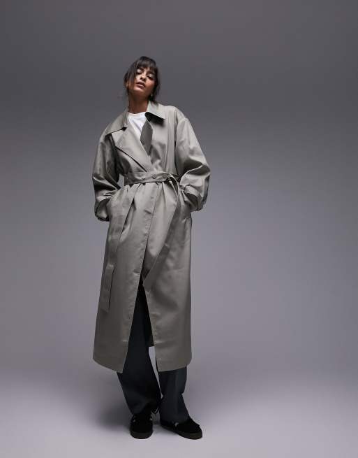 Topshop long-line popper trench coat in khaki, 3 of 4