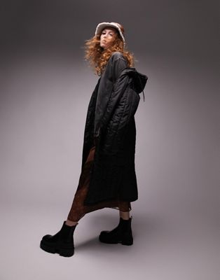 Topshop long line quilted liner coat in black
