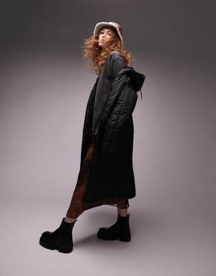 Topshop long line quilted liner coat in black