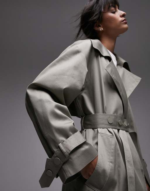 Topshop long-line snap trench coat in khaki, 2 of 4