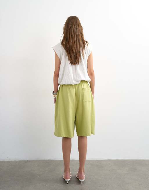 Topshop long line tie detail shorts in washed lime, 2 of 5
