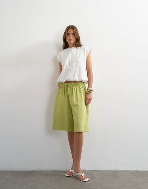 Topshop long line tie detail shorts in washed lime, 5 of 5