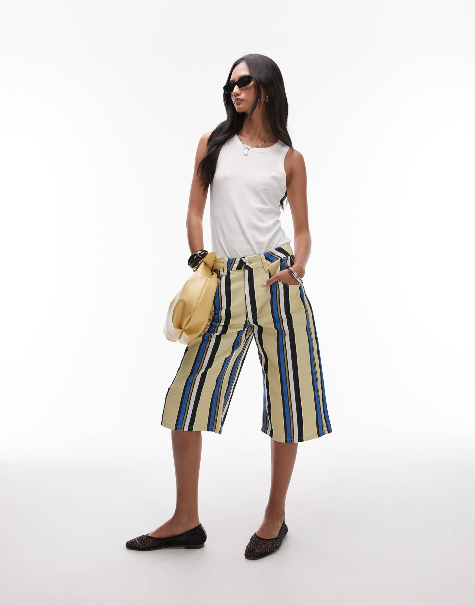 topshop long line twill bermuda shorts in blue and yellow stripes