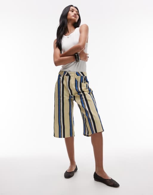 Topshop long line twill bermuda shorts in blue and yellow stripes, 3 of 5