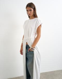 Model wearing Long line twist tunic top in white