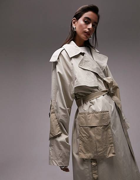 Topshop long-line utility patch pocket trench in light and dark khaki