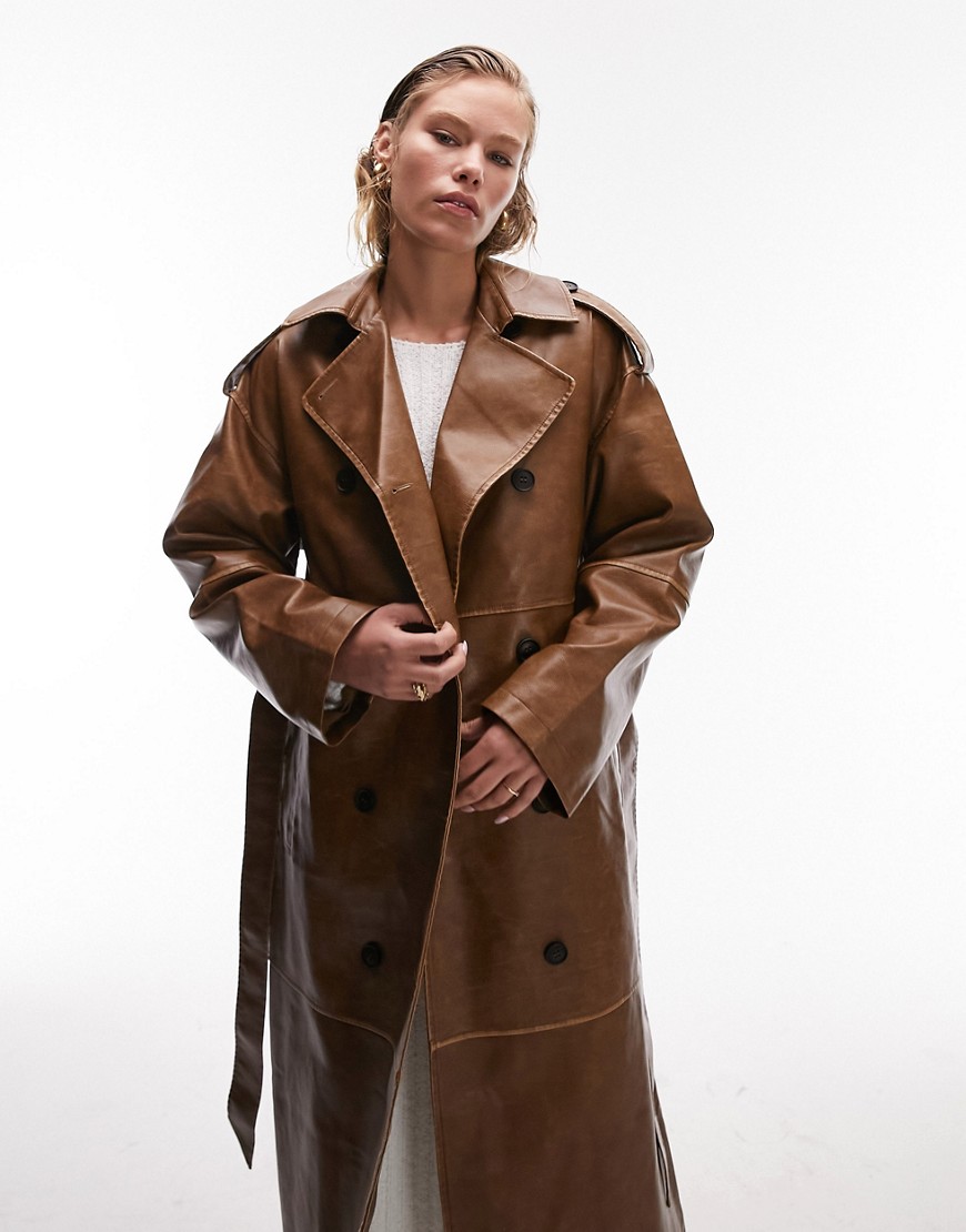 Topshop Long-line Washed Faux Leather Trench In Tan-neutral
