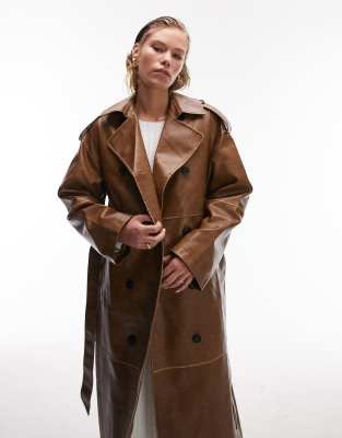 long-line washed faux leather trench in tan-Neutral