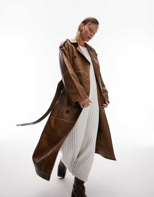 Tan faux leather trench clearance coat