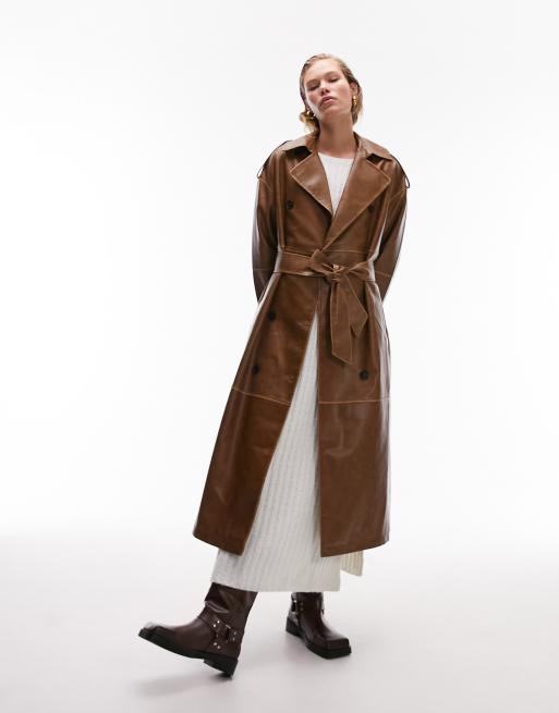 Tan faux sale leather trench coat