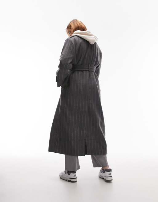 Topshop long-line wool blend coat in gray pinstripe