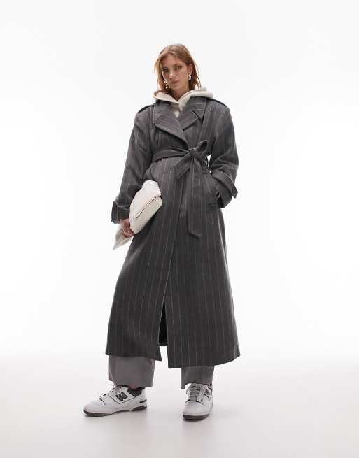 Topshop long-line wool blend coat in gray pinstripe