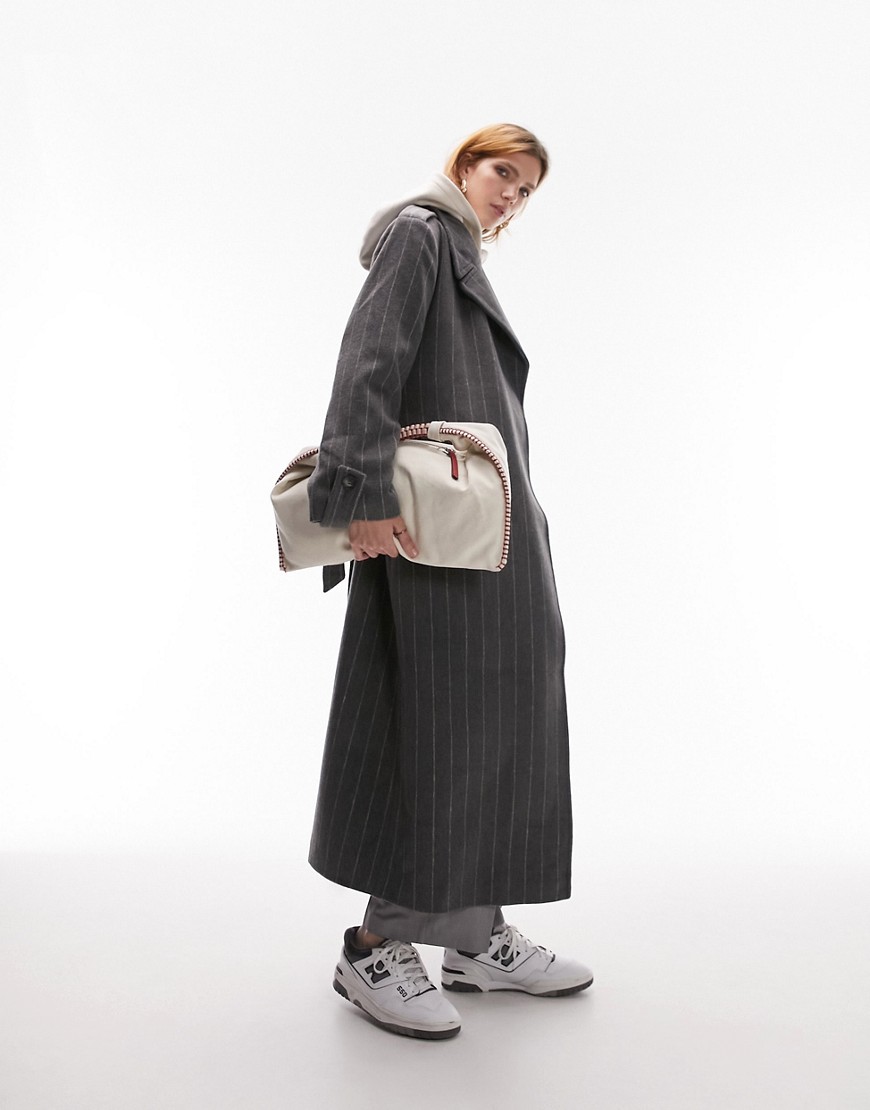 Topshop long-line wool blend coat in grey pinstripe