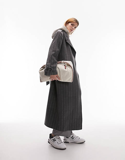 Topshop long-line wool blend coat in grey pinstripe | ASOS