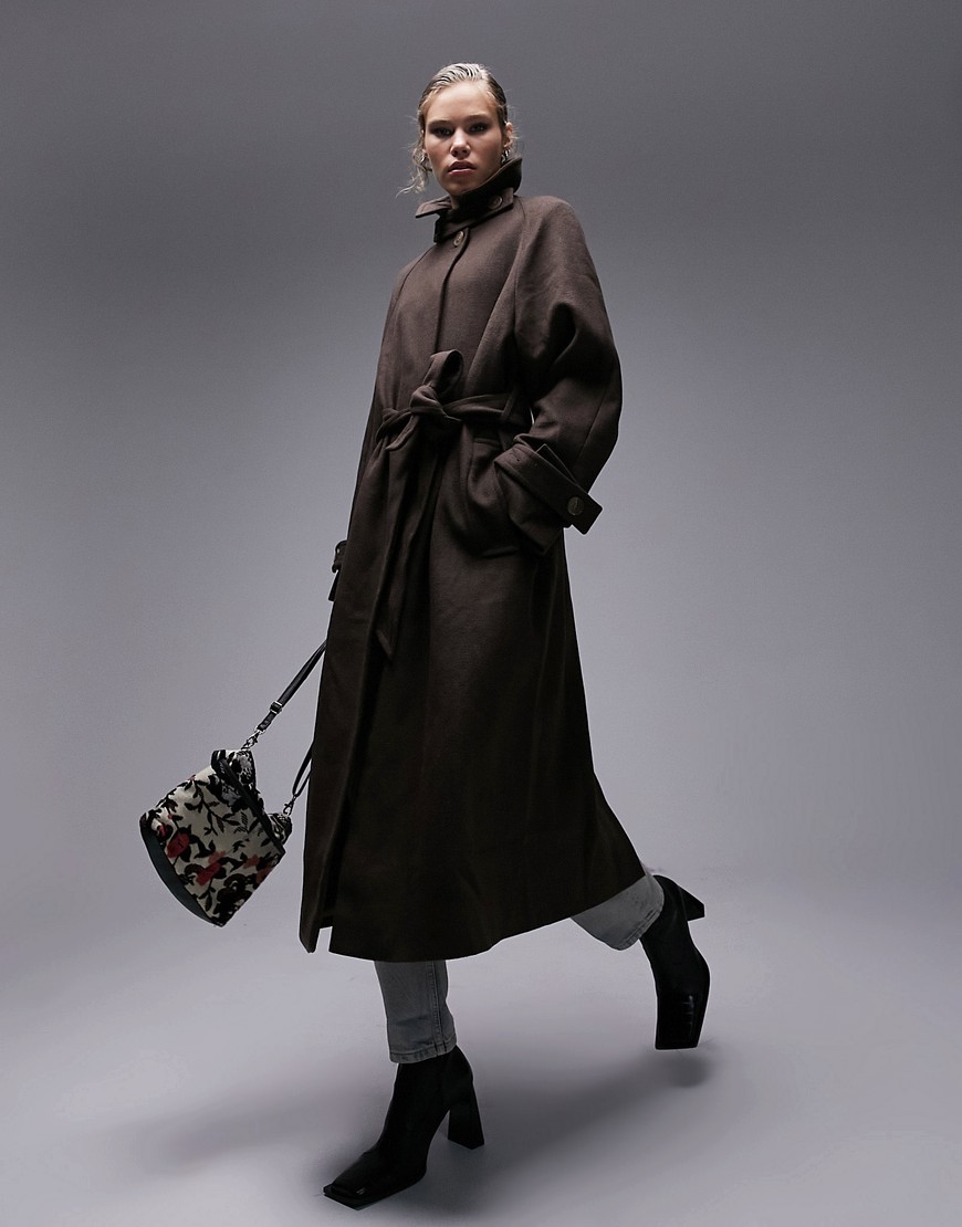 Topshop long-lined belted brushed trench coat in chocolate-Brown