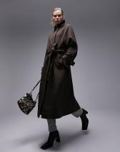 Threadbare Lois longline aviator coat with borg trims in chocolate