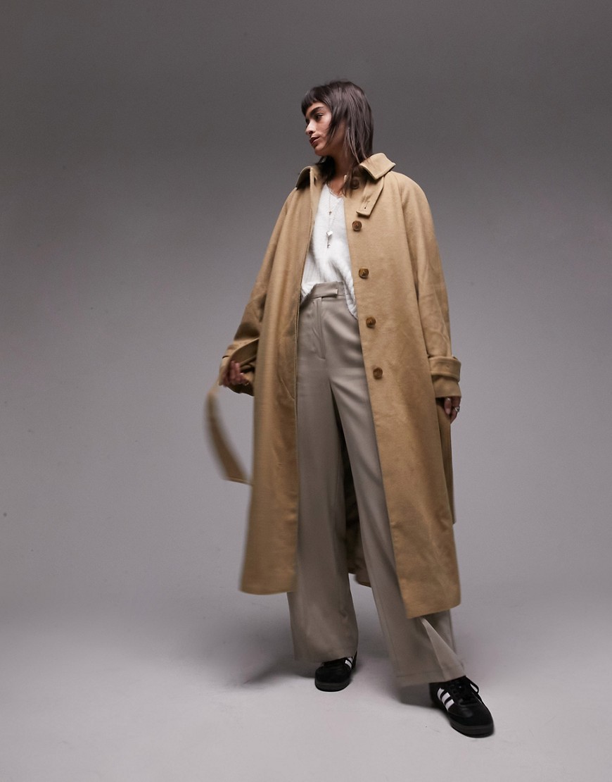 long-lined belted brushed trench coat in honey-White