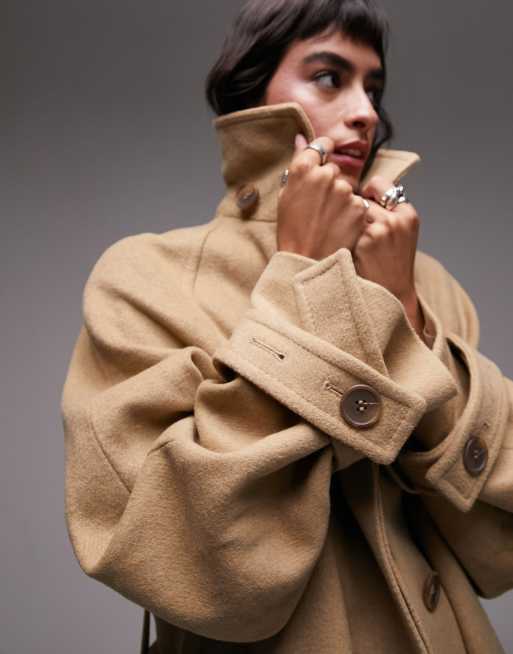 Topshop long lined belted brushed trench coat in honey