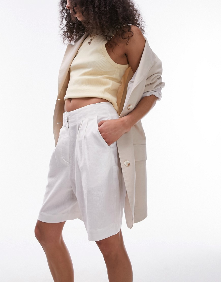 Topshop Long Linen Shorts In White