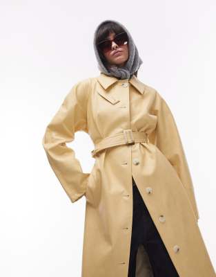 Shop Topshop Long Oversized Faux Leather Trench Coat In Yellow