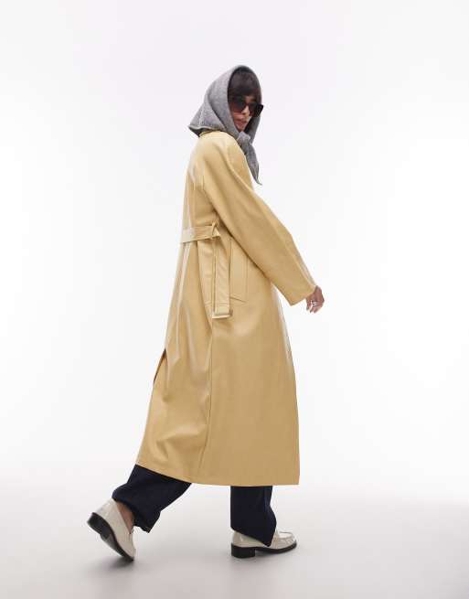 Topshop long oversized faux leather trench coat in buttermilk