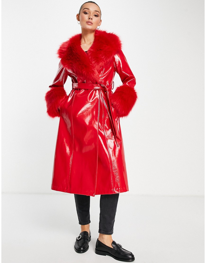 Topshop long PU coat with faux fur trim in red
