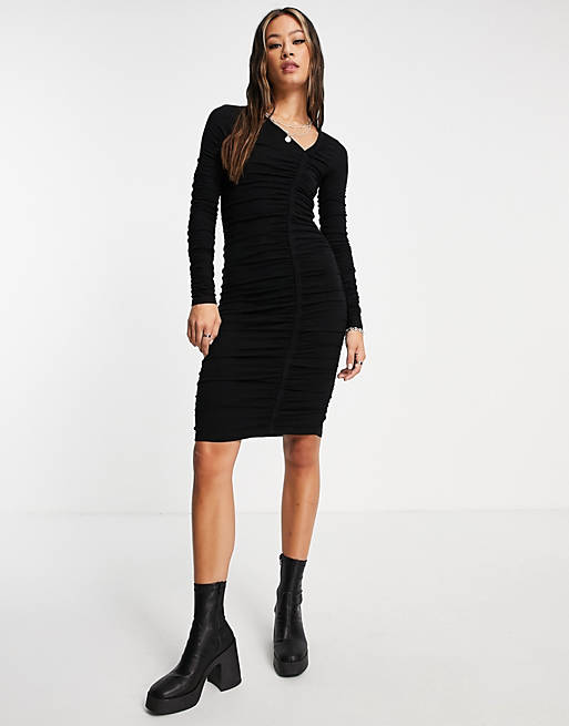 Dresses Topshop long sleeve asymmetric neck ruched mini dress in black 