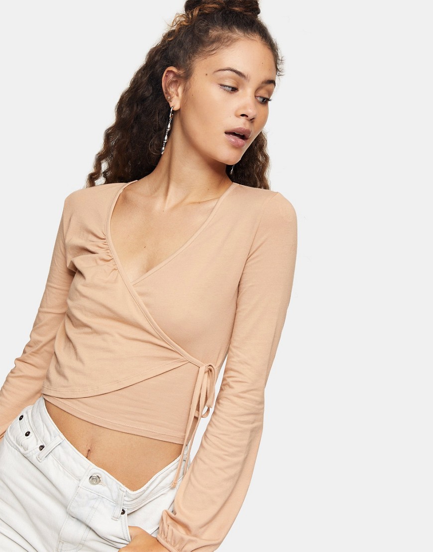 Topshop long sleeve ballet wrap top in neutral-White