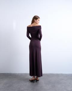 Model wearing Long sleeve bardot maxi dress in plum
