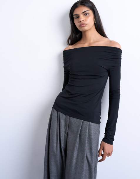 Topshop long sleeve bardot top in black - view 1