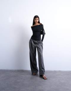 Model wearing Long sleeve bardot top in black