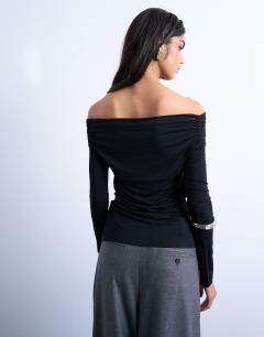 Model wearing Long sleeve bardot top in black