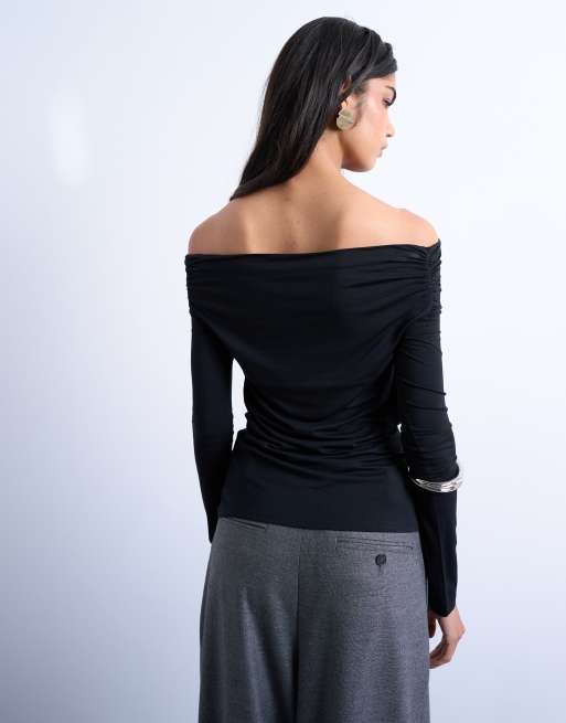 Topshop long sleeve bardot top in black, 4 of 4