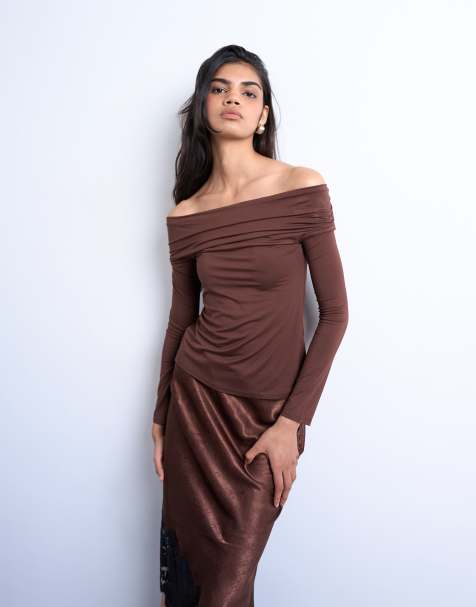 Topshop long sleeve bardot top in brown - view 1