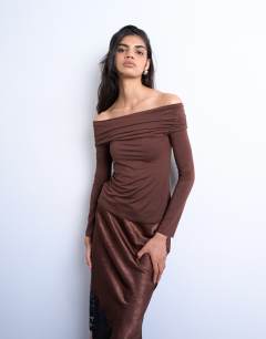 Long sleeve bardot top in brown